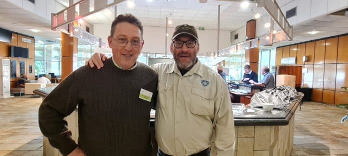 On the left is feedlot owner, Desmond Hyman, with Dr Shaun Morris, CEO of Octavoscene on the right.