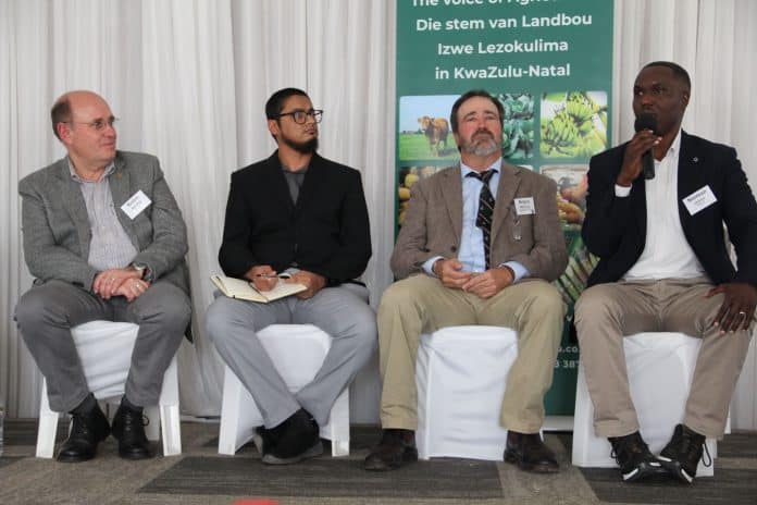 Participants in the panel discussion on sustainability in the various sectors are from the left Robin Barnsley, commercial egg producer, Dr Muhammad Kadwa, industrial affairs manager, SA Canegrowers’, Angus Williamson, chairperson, KwaZulu-Natal Red Meat Producers’ Organisation, and Norman Dlamini, business development director, Forestry South Africa.