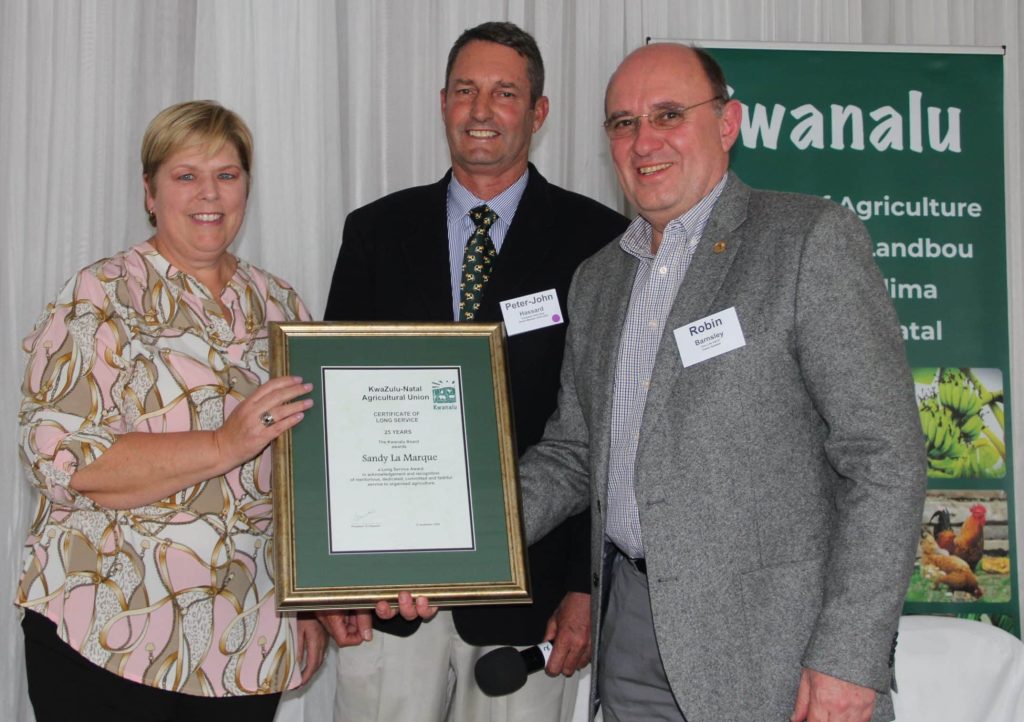 Sandy La Marque, CEO of Kwanalu, received a long service award for 25 years of service to the organisation. Here she is with Peter-John Hassard and Robin Barnsley.