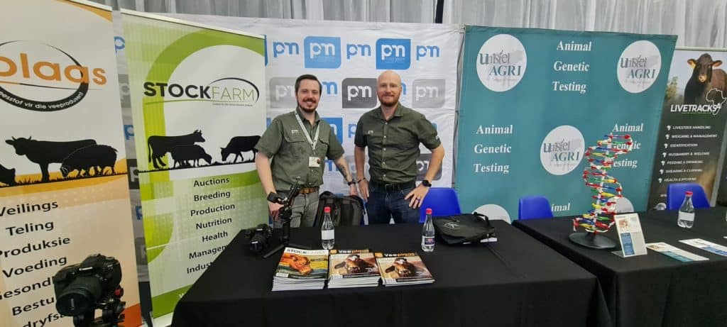 Plaas Media’s Ernst Breytenbach, senior videographer, and Luan van der Schyff, sales consultant, at the Plaas Media stand – ready for the first day of an exciting 2024 LRF Stockman School!