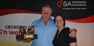 Dirk Hanekom van Korenhof Merino’s ontvang sy toekenning van Chanelle Steenekamp, tegniese en genetiese adviseur vir SA Stamboek in die Wes-Kaap.